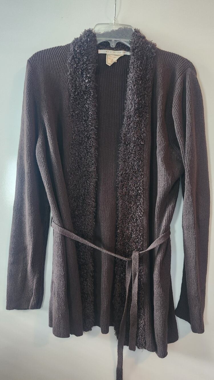 Max Studio Chocolate Brown Ribbed Knit Cardigan Sweater XL Belted #306